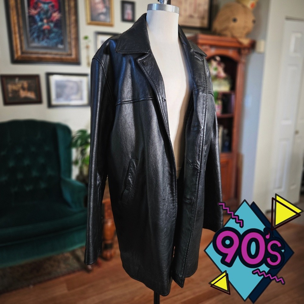 Vintage 90s Michael Lawrence‎ Mens Black Leather Jacket Classic Button Front